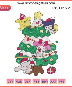 Sanrio Friends Christmas Tree Embroidery Design featuring Hello Kitty, colorful holiday cartoon stitching, digital embroidery pattern.
