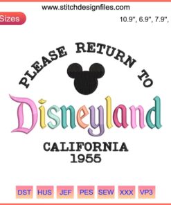 1955 Disneyland California Embroidery Design: Iconic castle, vintage style, ideal for Disney trip digital stitching projects.