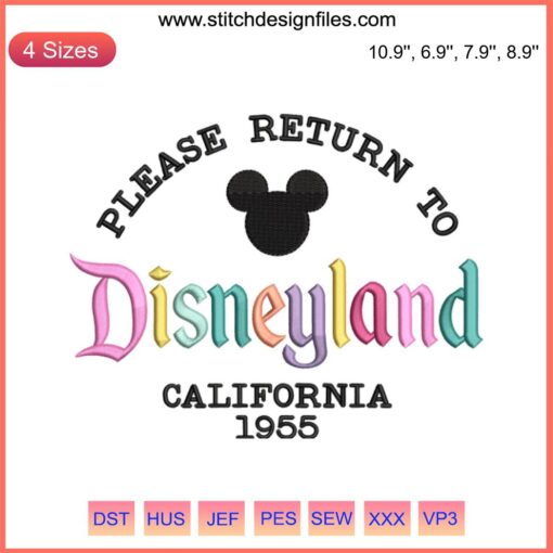 1955 Disneyland California Embroidery Design: Iconic castle, vintage style, ideal for Disney trip digital stitching projects.