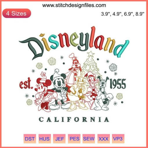 Disneyland Christmas Embroidery Design, Est. 1959, California Digital Stitching, festive holiday decor pattern.