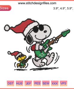 Snoopy playing Christmas guitar with Woodstock; festive embroidery design for digital stitching. 'Tis The Season To Rock theme.