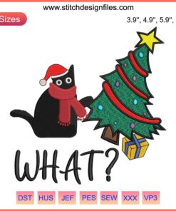 Black cat playfully pushing Christmas tree embroidery design, perfect funny black cat gift for digital stitching enthusiasts.
