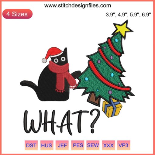 Black cat playfully pushing Christmas tree embroidery design, perfect funny black cat gift for digital stitching enthusiasts.