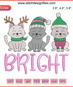Festive cats embroidery design with red Santa hats, a perfect digital stitching project for cat lovers' Christmas gifts.