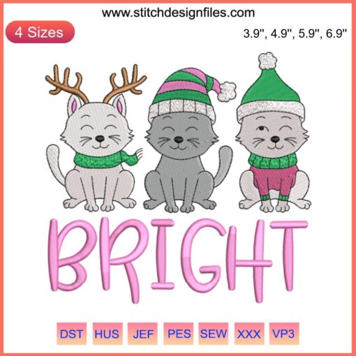 Festive cats embroidery design with red Santa hats, a perfect digital stitching project for cat lovers' Christmas gifts.