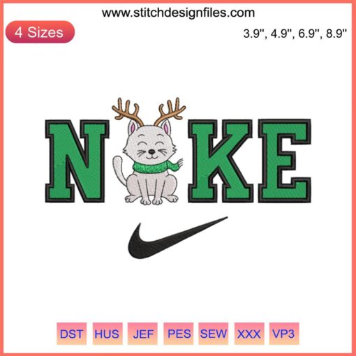 Christmas Cat Reindeer x Nike Embroidery Design, Cute Festive Cat Gift, Digital Stitching for Cat Lovers, Unique Embroidery Pattern