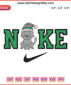 Cute Christmas cat wearing a beanie with Nike logo, digital embroidery design, perfect for festive stitching projects.