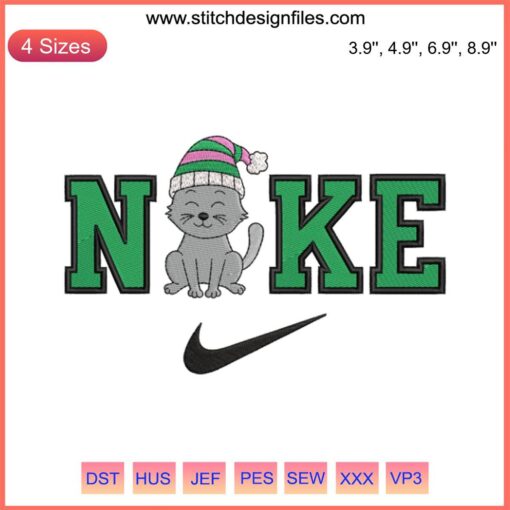 Cute Christmas cat wearing a beanie with Nike logo, digital embroidery design, perfect for festive stitching projects.