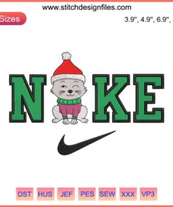 Santa Claus Cat Christmas x Nike Embroidery Design: Adorable cat in Santa outfit, red Nike hat, festive digital stitching pattern.