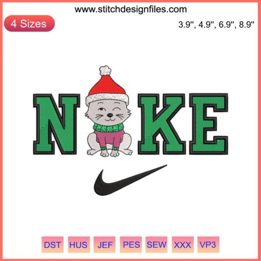 Santa Claus Cat Christmas x Nike Embroidery Design: Adorable cat in Santa outfit, red Nike hat, festive digital stitching pattern.