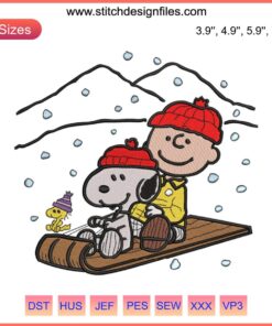 Snoopy, Charlie Brown Sledding Embroidery Design | Peanuts Christmas Stitching