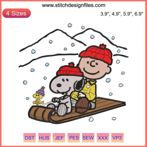 Snoopy, Charlie Brown Sledding Embroidery Design | Peanuts Christmas Stitching