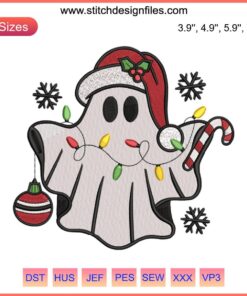 Ghost with glowing lights, festive embroidery design. Spooky Christmas candy stitching. Halloween-Christmas embroidery pattern.