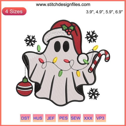 Ghost with glowing lights, festive embroidery design. Spooky Christmas candy stitching. Halloween-Christmas embroidery pattern.