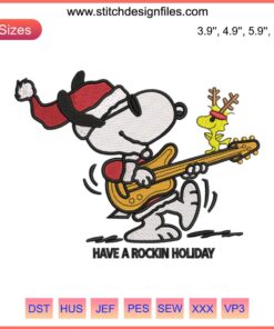 Snoopy playing guitar Christmas embroidery design, Peanuts holiday stitching, Rockin' Holiday Snoopy digital pattern.