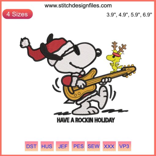 Snoopy playing guitar Christmas embroidery design, Peanuts holiday stitching, Rockin' Holiday Snoopy digital pattern.