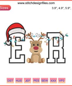 Reindeer Christmas ER Nurse Embroidery Design featuring a reindeer with a Santa hat, digital stitching for festive nurse apparel.