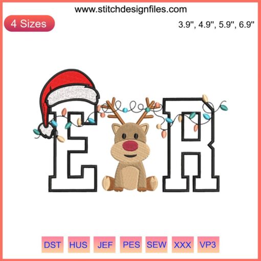 Reindeer Christmas ER Nurse Embroidery Design featuring a reindeer with a Santa hat, digital stitching for festive nurse apparel.