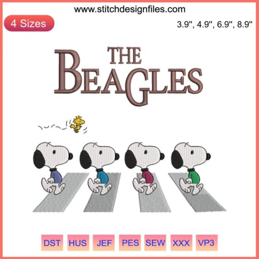 "Abbey Road Snoopy Embroidery Design: Peanuts-inspired Beagles crossing street, high-quality digitizing file, embroidery-ready"