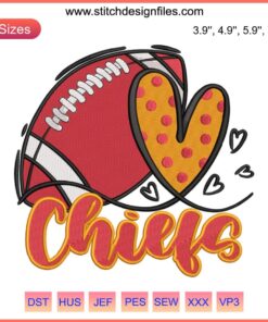 Heart-shaped Kansas City Chiefs Football Embroidery Design, perfect for football fans, digital stitching, Chiefs love.