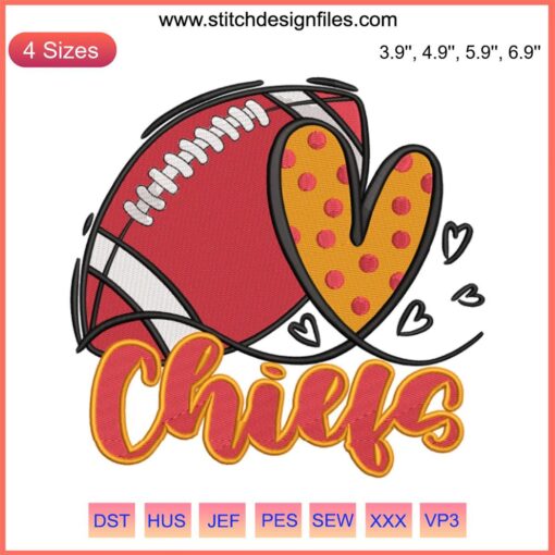 Heart-shaped Kansas City Chiefs Football Embroidery Design, perfect for football fans, digital stitching, Chiefs love.