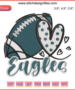 Philadelphia Eagles heart-shaped embroidery design featuring NFL team logo, digital stitching for football apparel enthusiasts.
