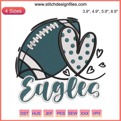 Philadelphia Eagles heart-shaped embroidery design featuring NFL team logo, digital stitching for football apparel enthusiasts.
