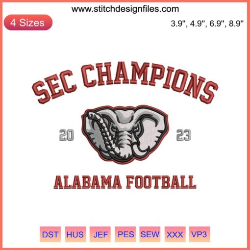 "SEC Champions Alabama Football Embroidery Design 2023: Dynamic digital stitching celebrates Alabama's triumph in the SEC."