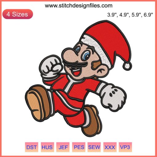 Santa Claus Mario Running Embroidery Design, Christmas Digital Stitch, Festive Mario Embroidery, Holiday Stitching Art