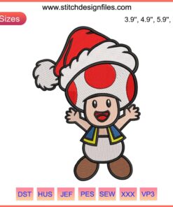 Toad Mario Embroidery: Festive Toad in Christmas attire digital design, perfect for holiday stitching projects.