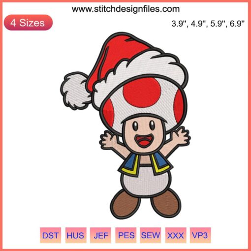 Toad Mario Embroidery: Festive Toad in Christmas attire digital design, perfect for holiday stitching projects.
