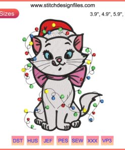 Aristocats Marie Christmas Embroidery Design - Cute cat with Christmas lights, perfect for festive digital stitching enthusiasts.