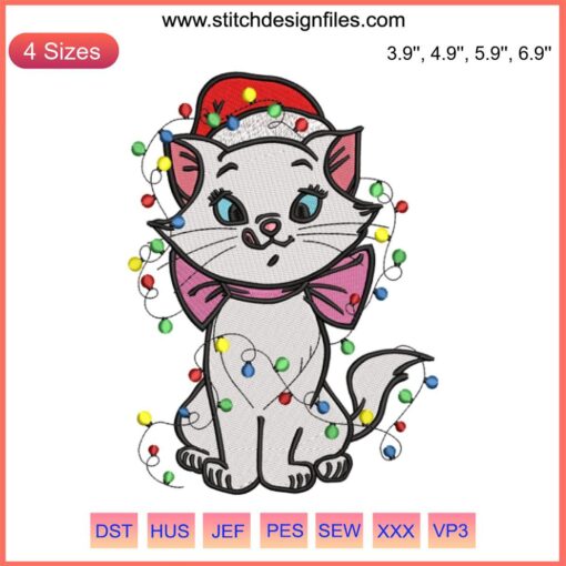 Aristocats Marie Christmas Embroidery Design - Cute cat with Christmas lights, perfect for festive digital stitching enthusiasts.