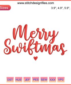 Merry Swiftmas Embroidery Design featuring a festive Taylor Swift-inspired digital stitch pattern in holiday colors.
