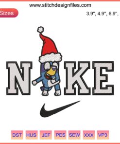 Bluey Heeler Christmas Dance Nike Embroidery Design: Festive stitching features Bluey in holiday attire with swoosh details.