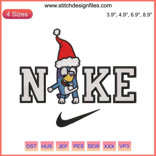 Bluey Heeler Christmas Dance Nike Embroidery Design: Festive stitching features Bluey in holiday attire with swoosh details.