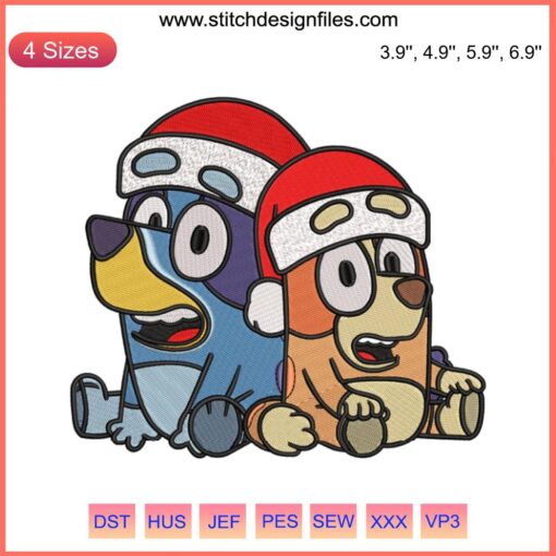 Bluey and Bingo Santa Hat Embroidery Design | Christmas Cartoon Stitching | Festive Digital Art | Cute Holiday Embroidery