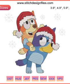 Bluey carrying Bingo watching snow embroidery design, Christmas cartoon digital stitching, festive winter scene illustration.