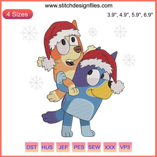 Bluey carrying Bingo watching snow embroidery design, Christmas cartoon digital stitching, festive winter scene illustration.