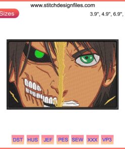 Anime Eren Yeager Embroidery Design featuring Attack on Titan digital stitching, vibrant color patterns, unique art style.