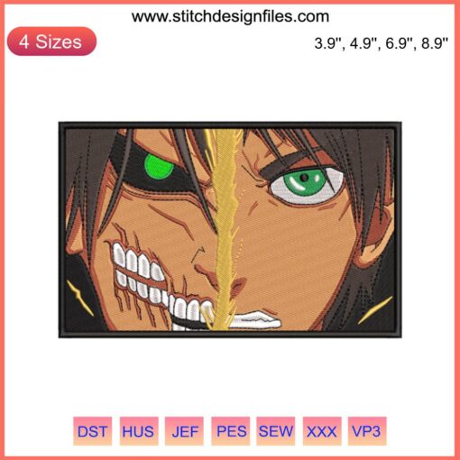 Anime Eren Yeager Embroidery Design featuring Attack on Titan digital stitching, vibrant color patterns, unique art style.
