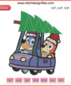 Bluey and Bingo Christmas Truck Embroidery Design, featuring holiday-themed digital stitching in a humorous cartoon style.