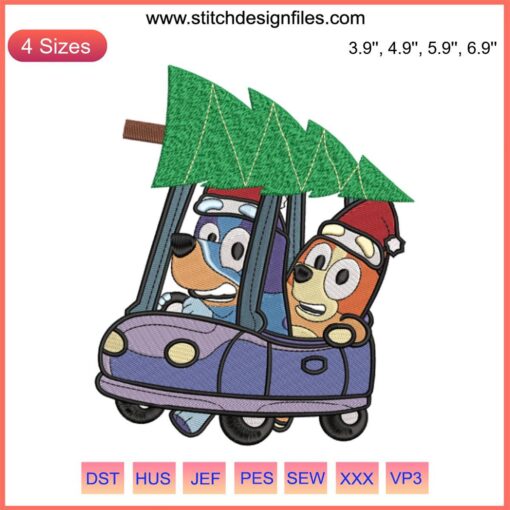 Bluey and Bingo Christmas Truck Embroidery Design, featuring holiday-themed digital stitching in a humorous cartoon style.