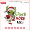 Stitch Grinch Mode On Embroidery Design: Humorous Grinch Santa, digital stitching, festive embroidery pattern.