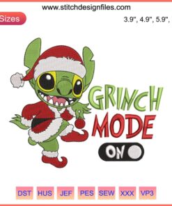 Stitch Grinch Mode On Embroidery Design: Humorous Grinch Santa, digital stitching, festive embroidery pattern.