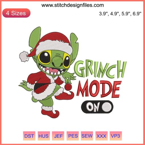 Stitch Grinch Mode On Embroidery Design: Humorous Grinch Santa, digital stitching, festive embroidery pattern.