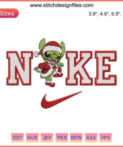 Stitch Grinch in Santa hat with Nike logo, funny digital embroidery design, perfect for Christmas stitching projects.