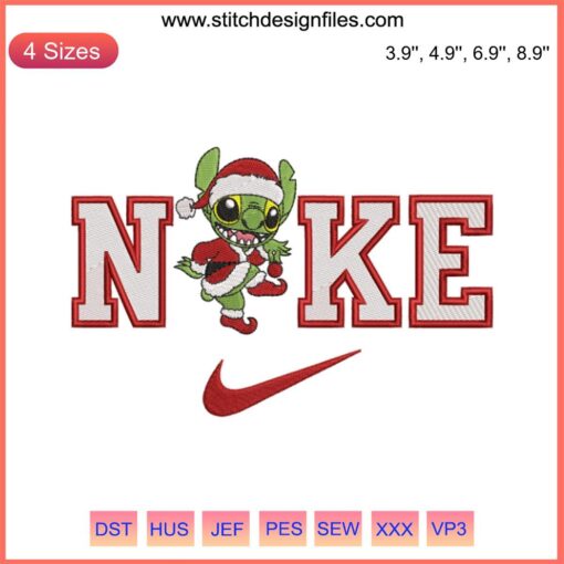Stitch Grinch in Santa hat with Nike logo, funny digital embroidery design, perfect for Christmas stitching projects.