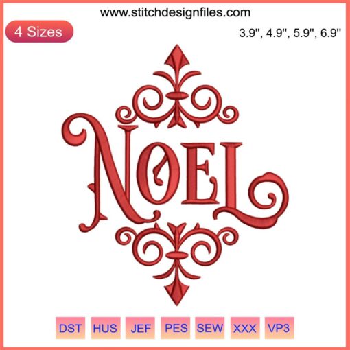 Festive "Noel" Embroidery Design featuring intricate Christmas motifs, ideal for machine stitching projects.