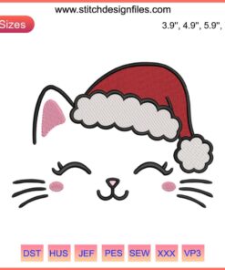 Embroidery design of a cute cat face with Santa hat, perfect for Christmas stitching projects. Christmas cat embroidery design.